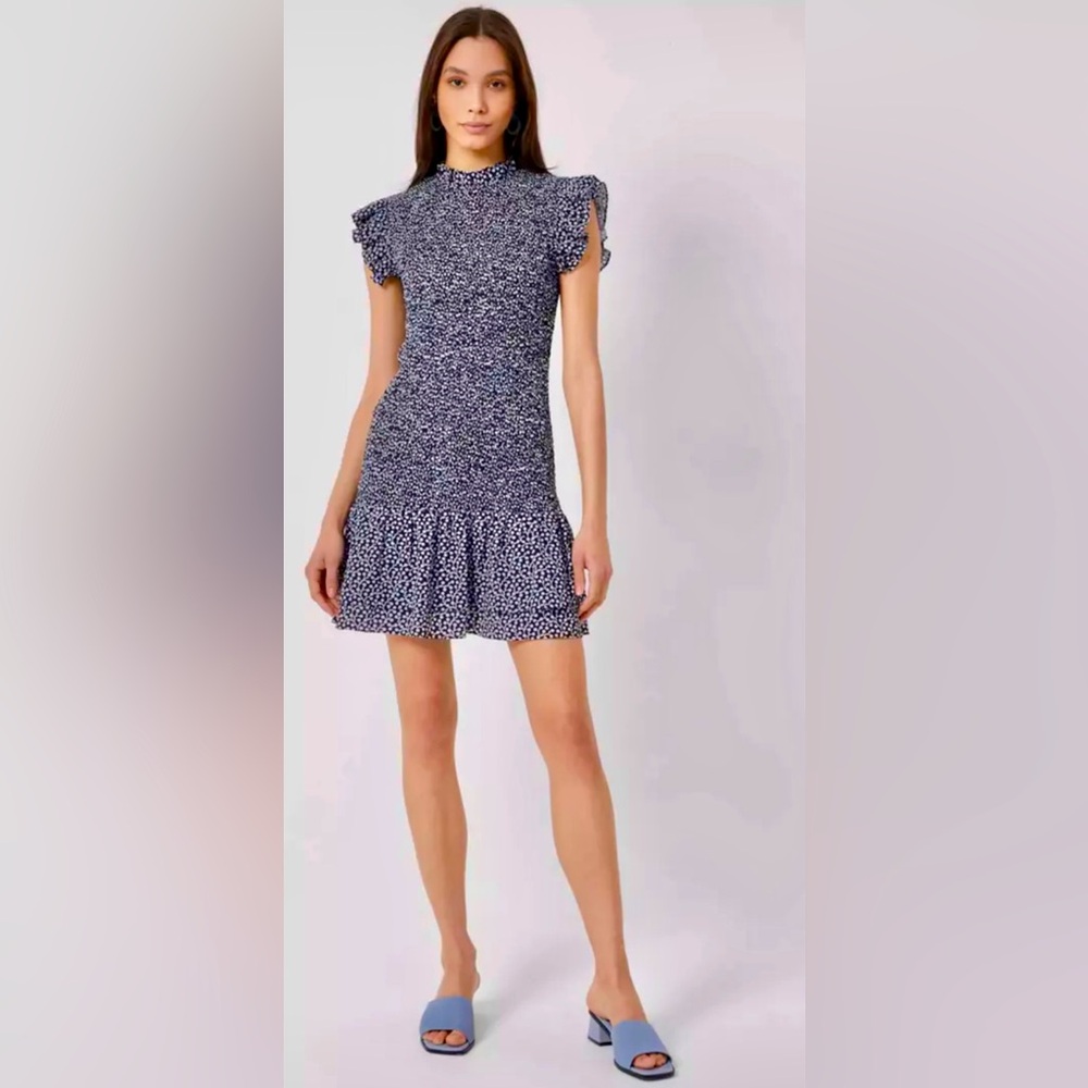 NWT French Connection Flutter Sleeve Verona Crepe Smocked Flounce Mini Dress